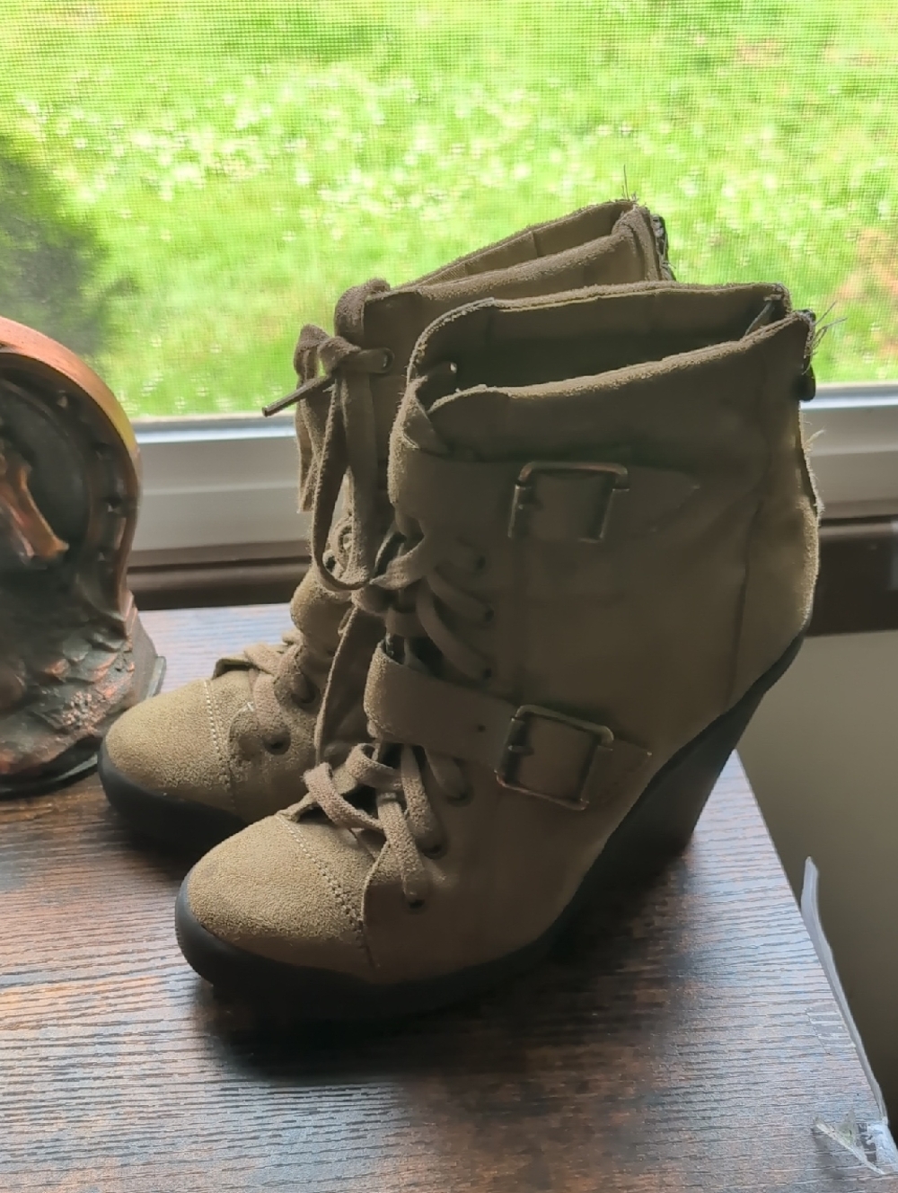 Vera Wang Lace-Up Wedge Ankle Boots with Buckle Detail in Olive